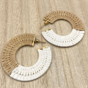 Hoop Earrings Neutral Woven Raffia Round Tan White Gold Tone Boho Festival Drops